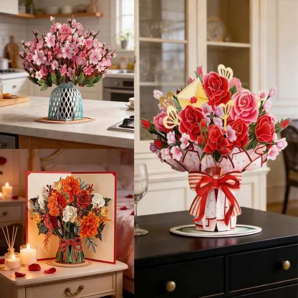 3D Pop-Up Greeting Card | Laser-Cut Floral Bouquet & Writable Interior