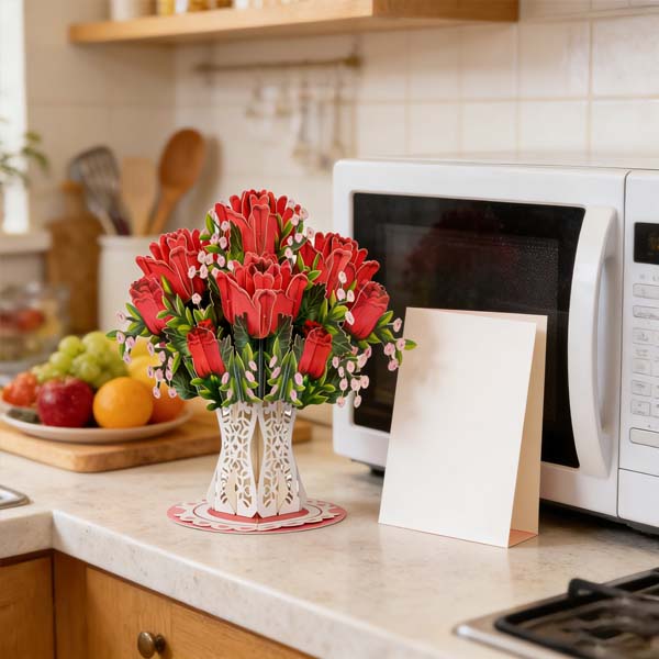 3D Pop-Up Greeting Card | Laser-Cut Floral Bouquet & Writable Interior
