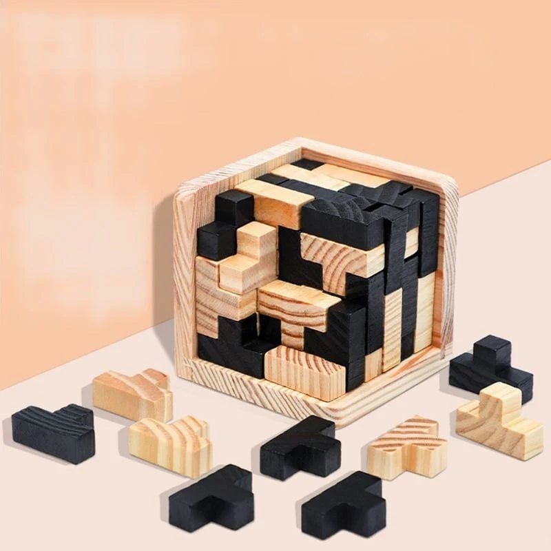 3D Wooden Puzzle | Solid Wood & 54-Piece | T- or L-Shape