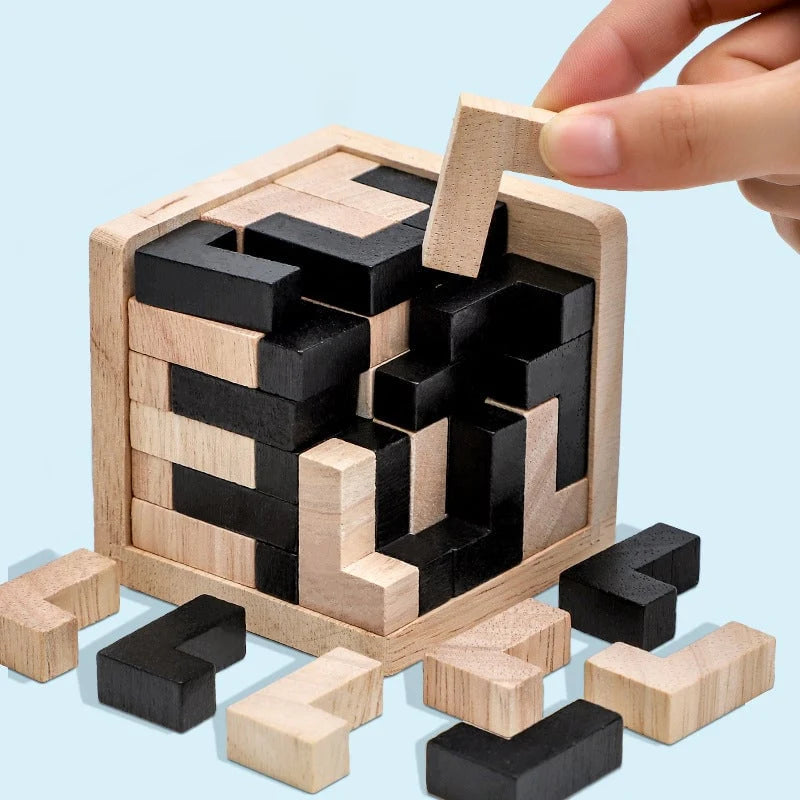 3D Wooden Puzzle | Solid Wood & 54-Piece | T- or L-Shape