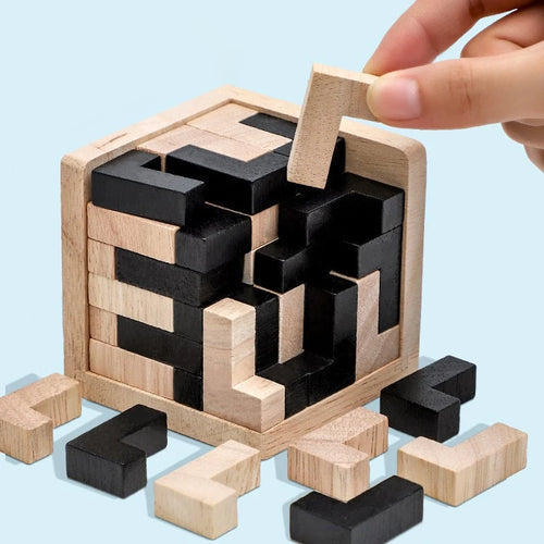 3D Wooden Puzzle | Solid Wood & 54-Piece | T- or L-Shape