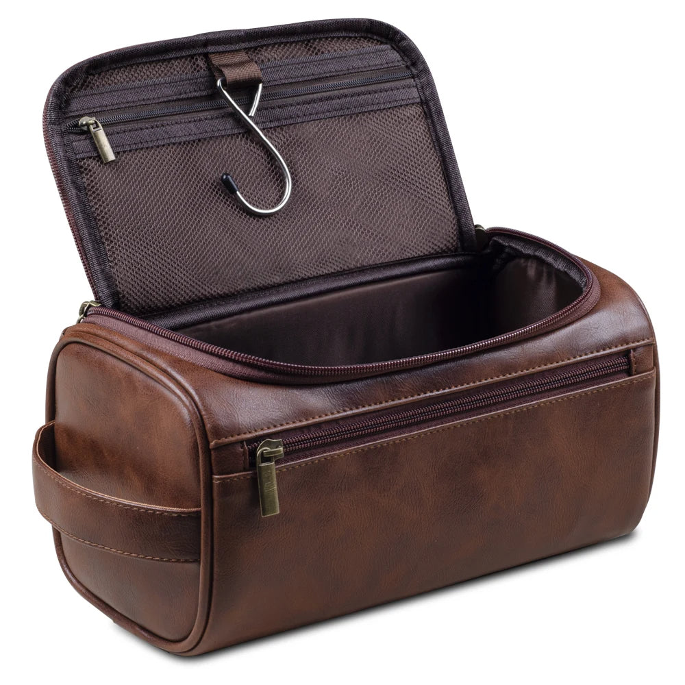 Toiletry Bag | Hanging Leather & Metal Hook | 9.8 x 5.1 x 5.1 in