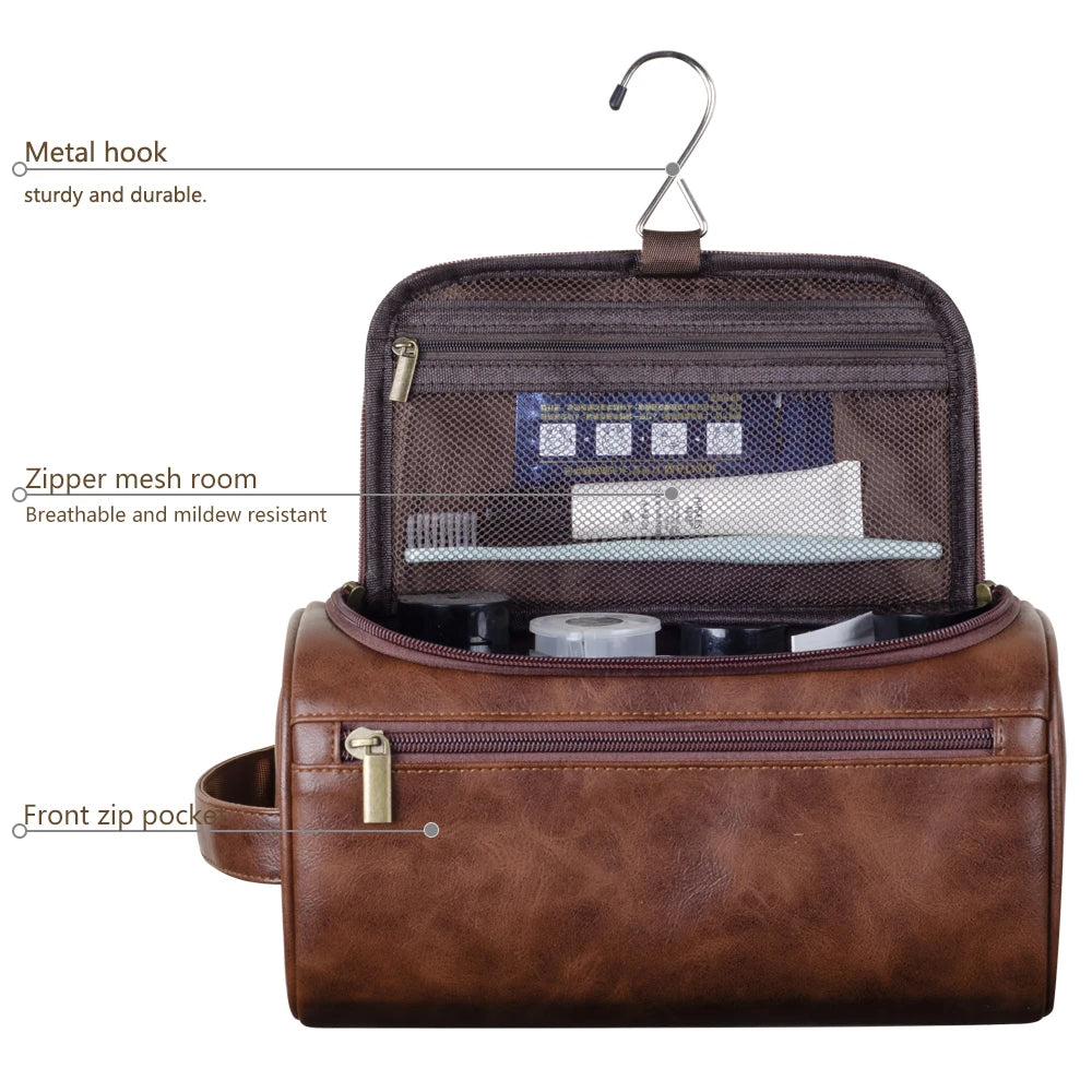 Toiletry Bag | Hanging Leather & Metal Hook | 9.8 x 5.1 x 5.1 in