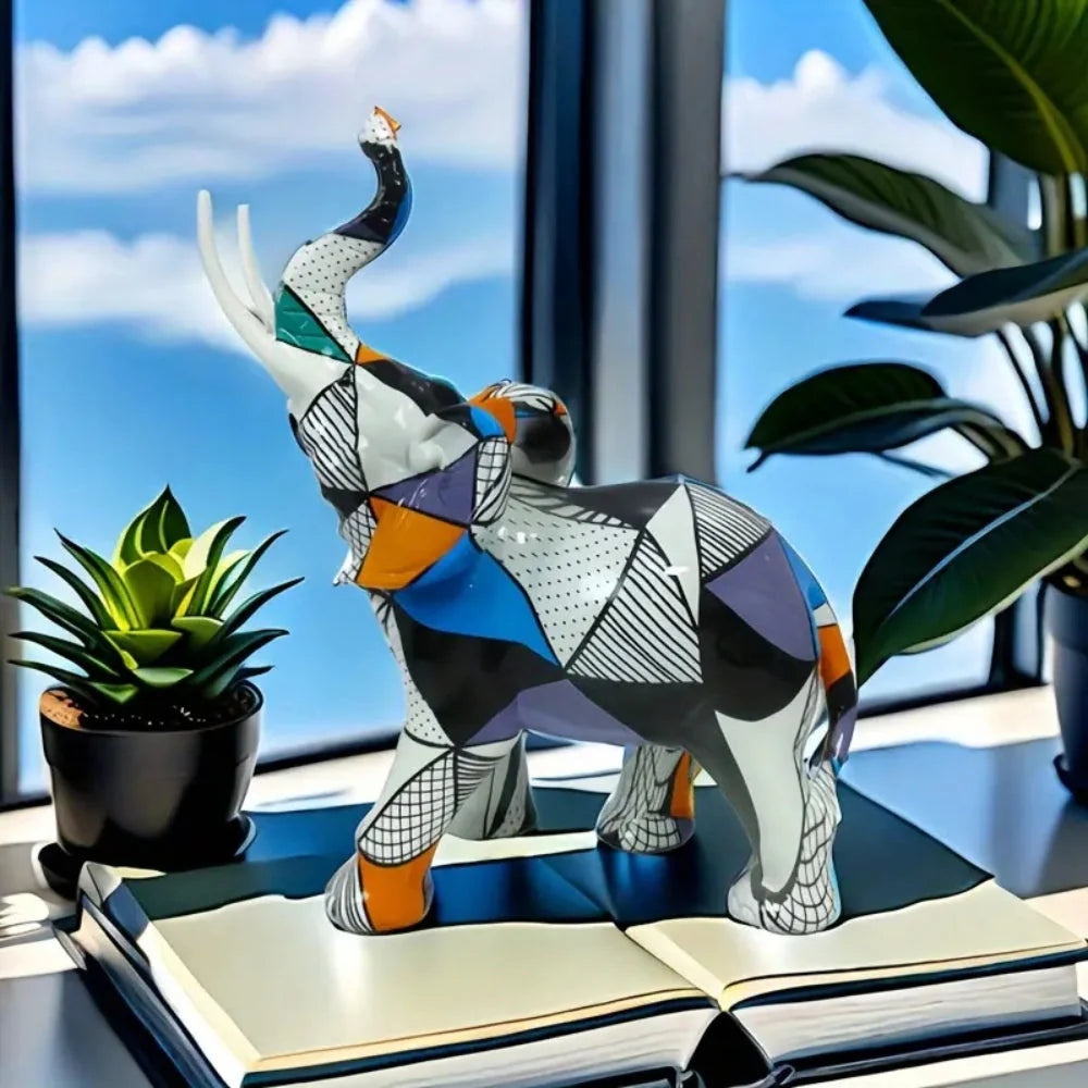 Abstract Elephant Figurine | Hand-Painted Geometric & Colorful | High-Quality Resin