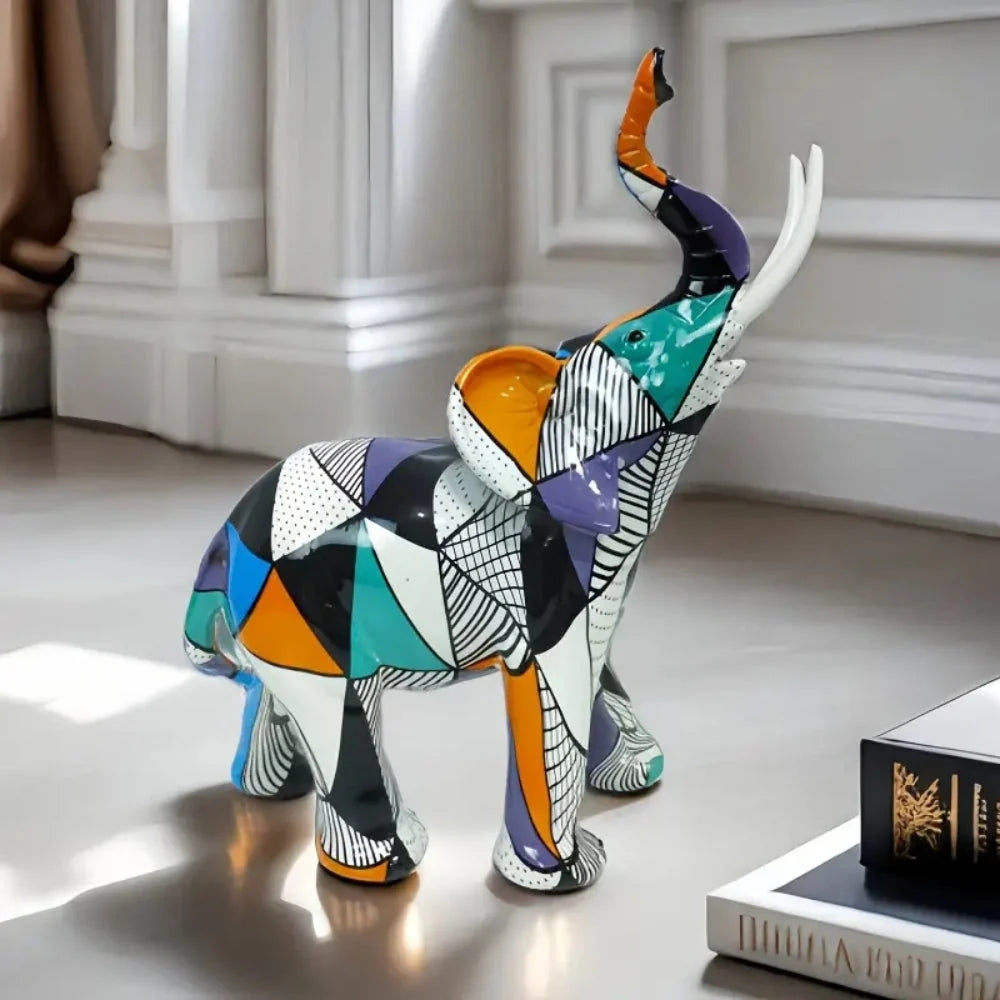Abstract Elephant Figurine | Hand-Painted Geometric & Colorful | High-Quality Resin