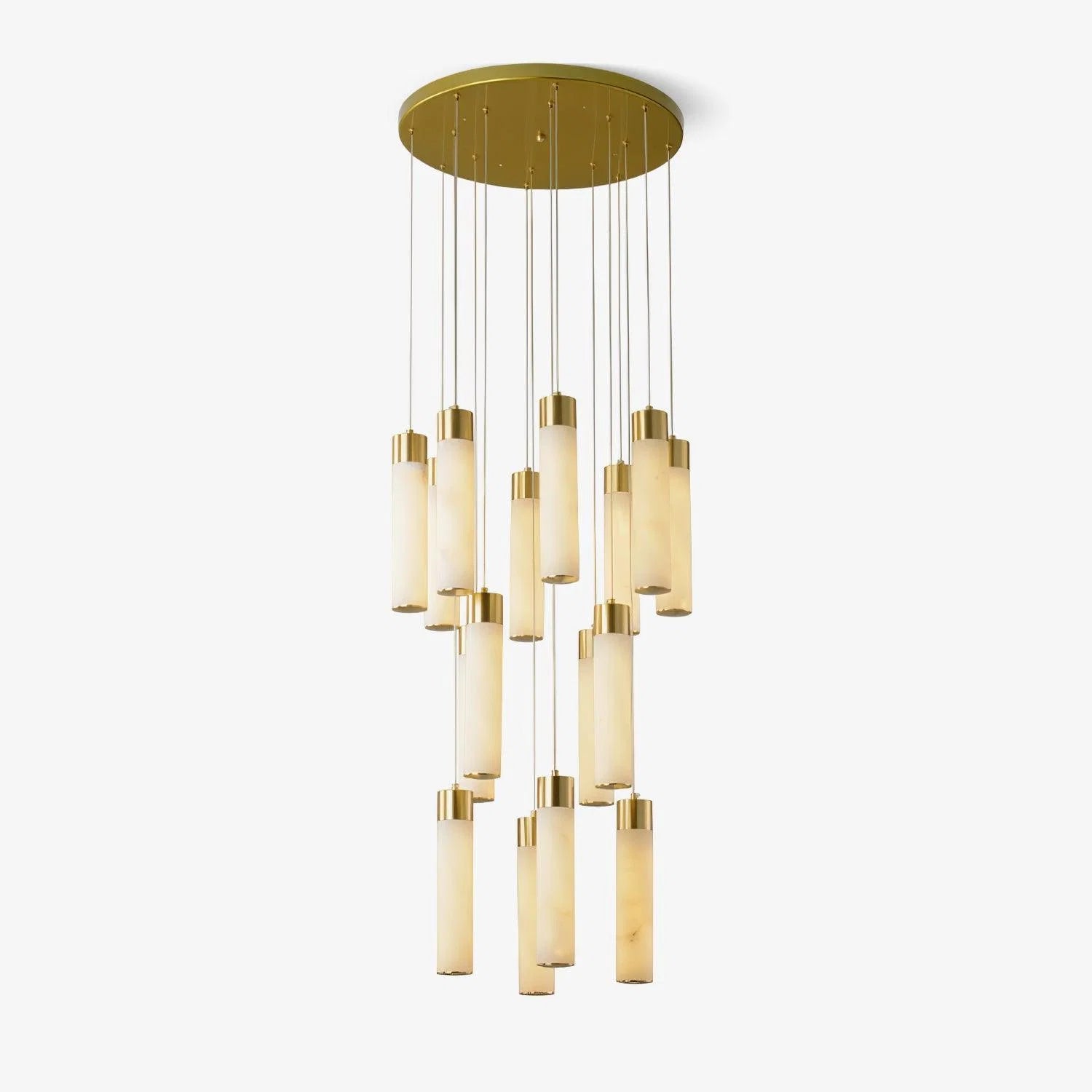 Alabaster Chandelier | Cascading Cylindrical Shades | Brass Frame & Integrated LED