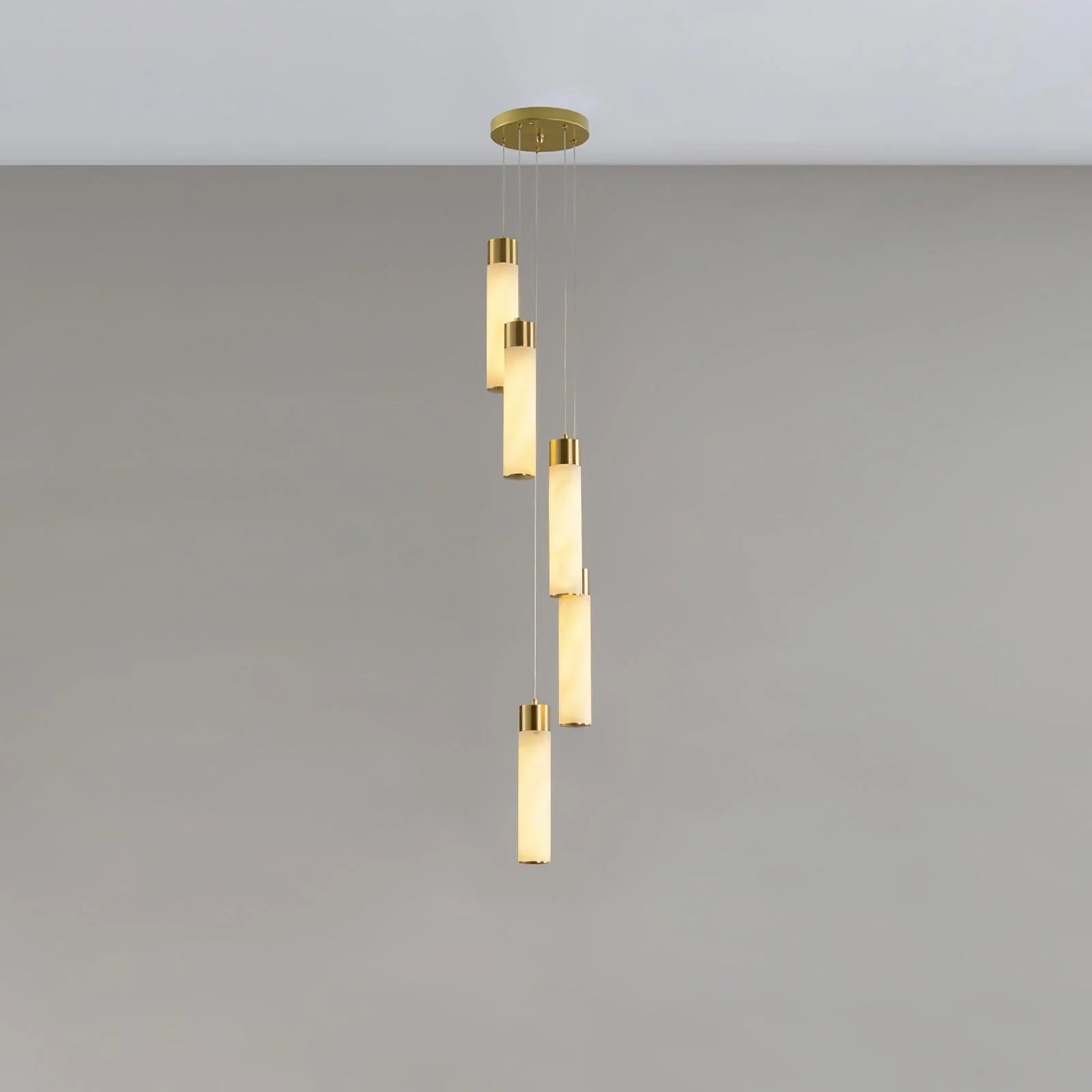 Alabaster Chandelier | Cascading Cylindrical Shades | Brass Frame & Integrated LED