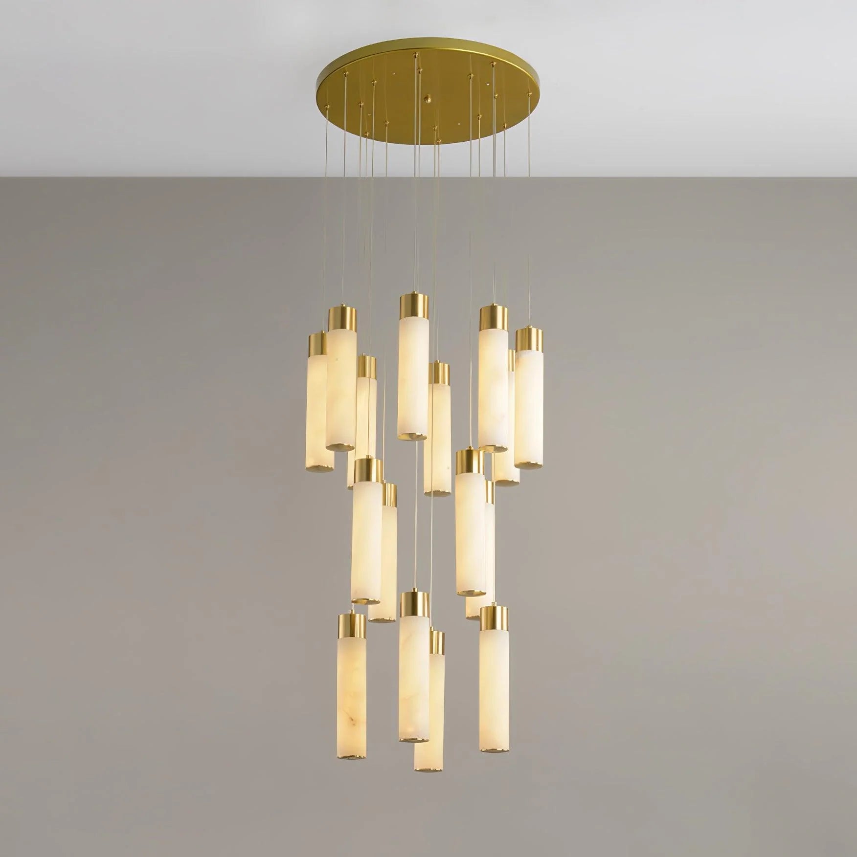 Alabaster Chandelier | Cascading Cylindrical Shades | Brass Frame & Integrated LED