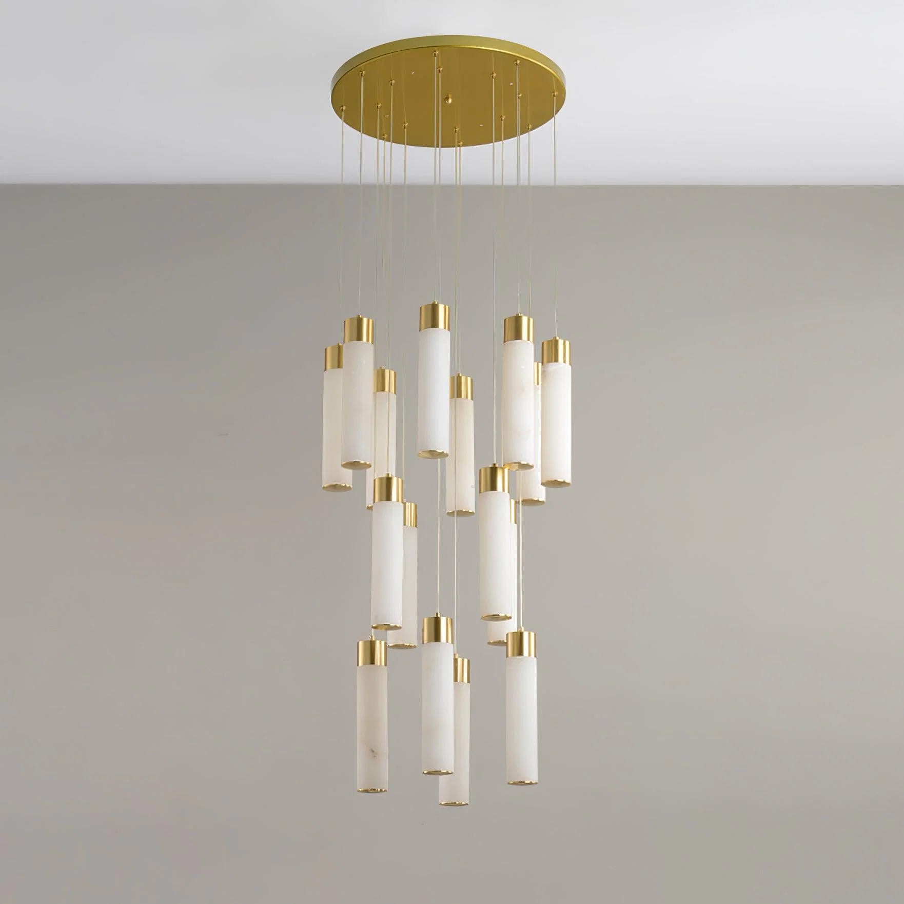 Alabaster Chandelier | Cascading Cylindrical Shades | Brass Frame & Integrated LED