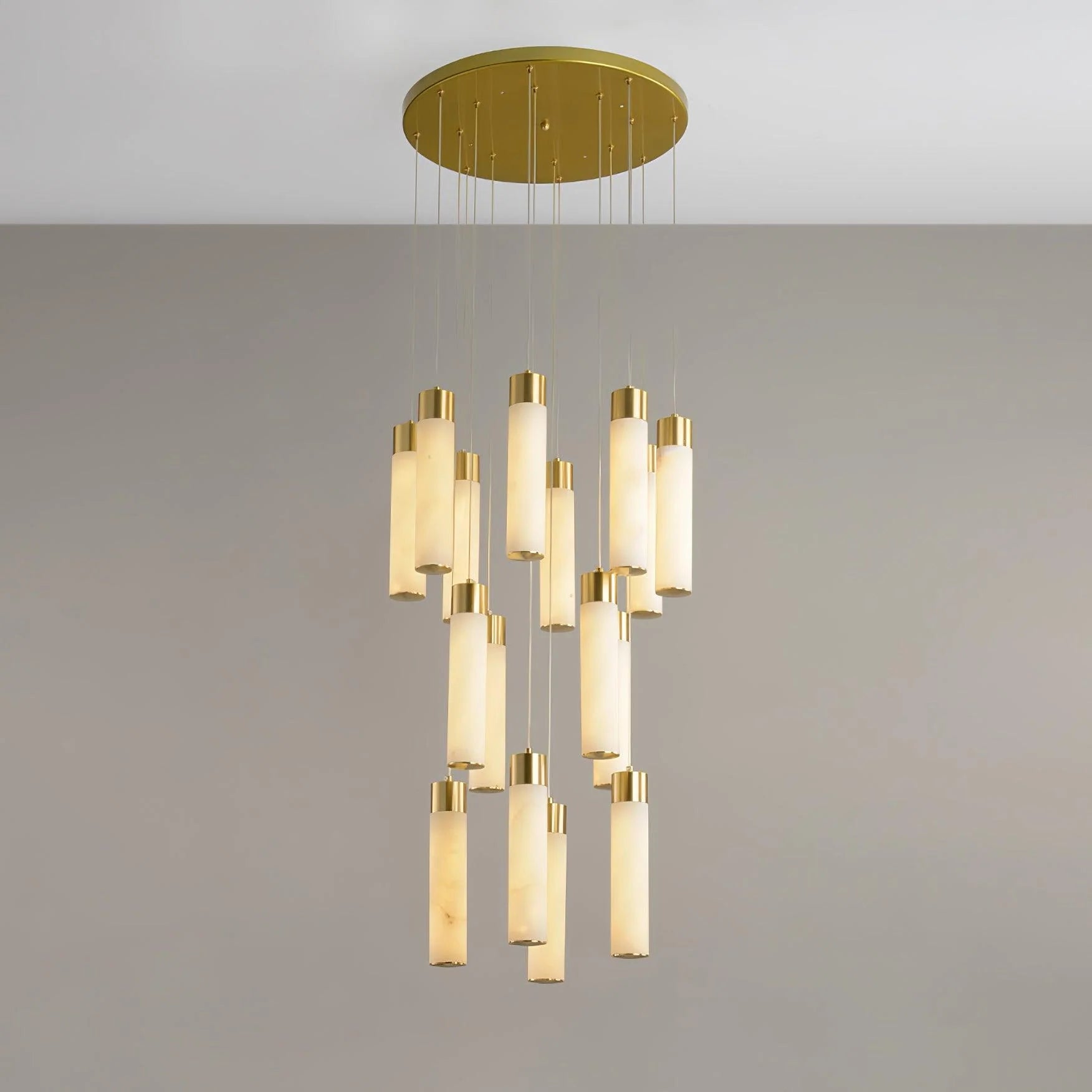 Alabaster Chandelier | Cascading Cylindrical Shades | Brass Frame & Integrated LED