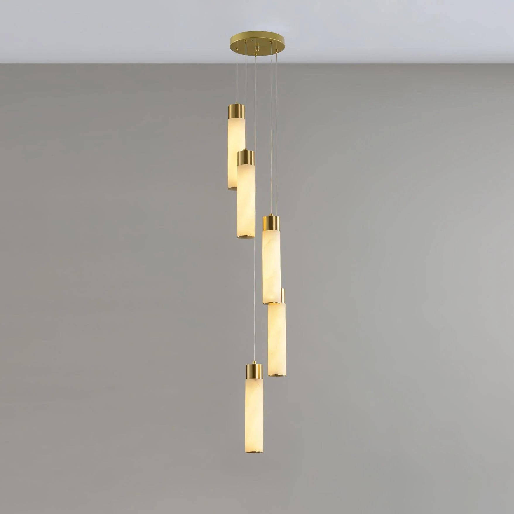 Alabaster Chandelier | Cascading Cylindrical Shades | Brass Frame & Integrated LED