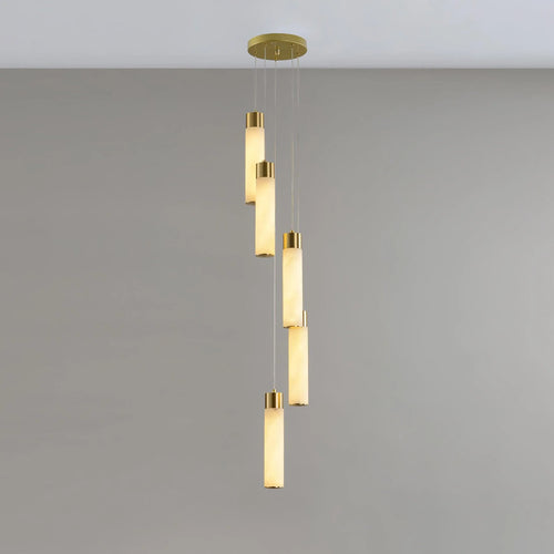 Alabaster Chandelier | Cascading Cylindrical Shades | Brass Frame & Integrated LED