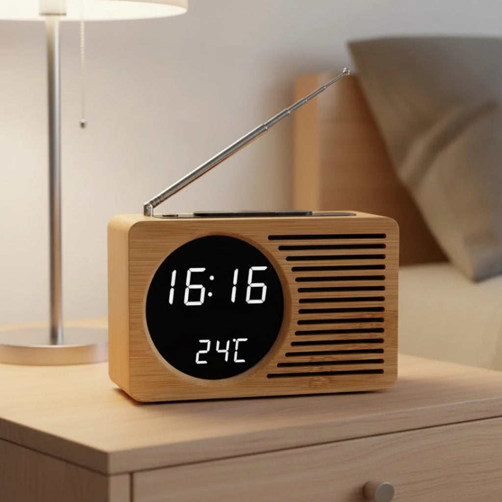 Alarm Clock | Retro Bamboo Look & FM Radio