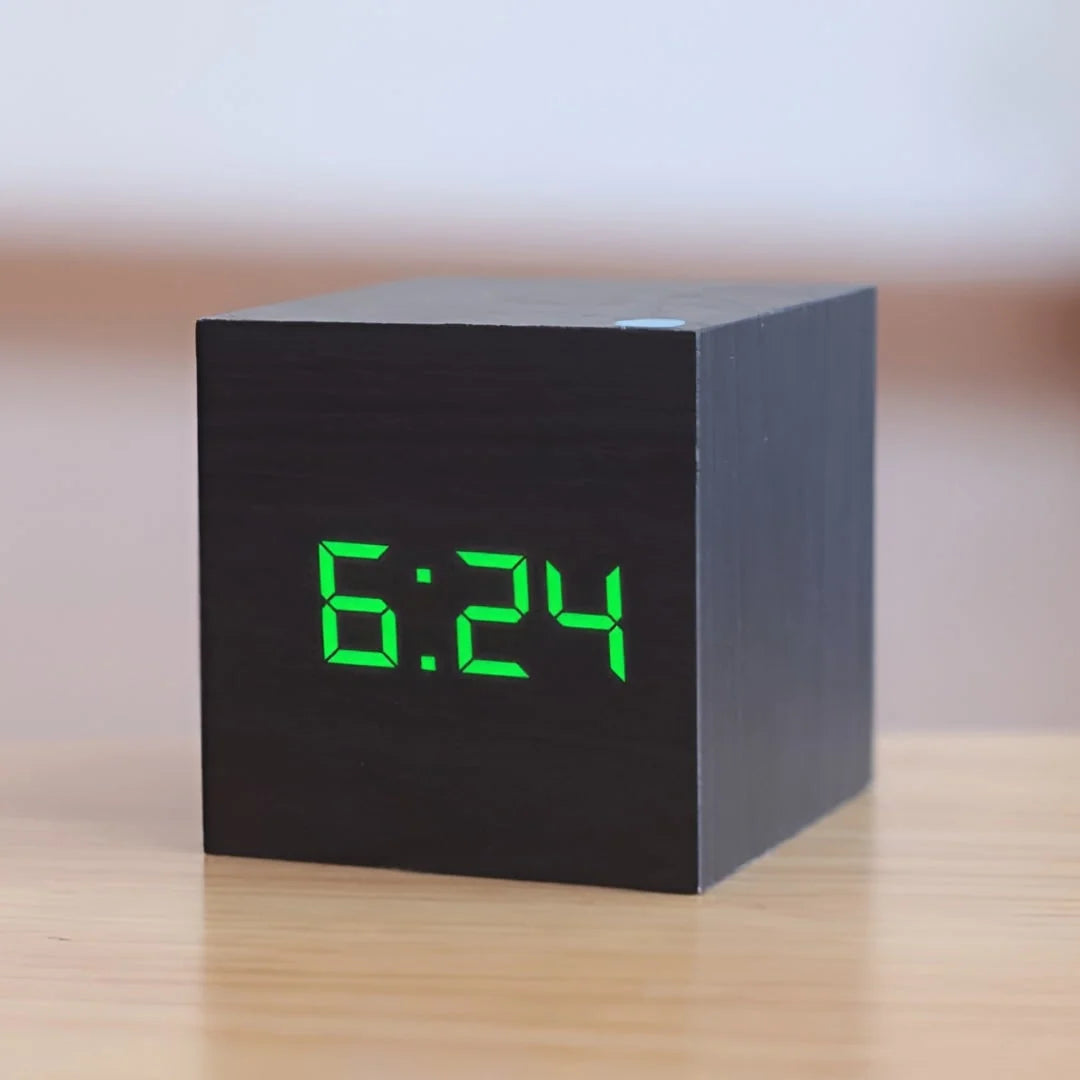 Alarm Clock | Wood Grain LED Time, Date & Temp