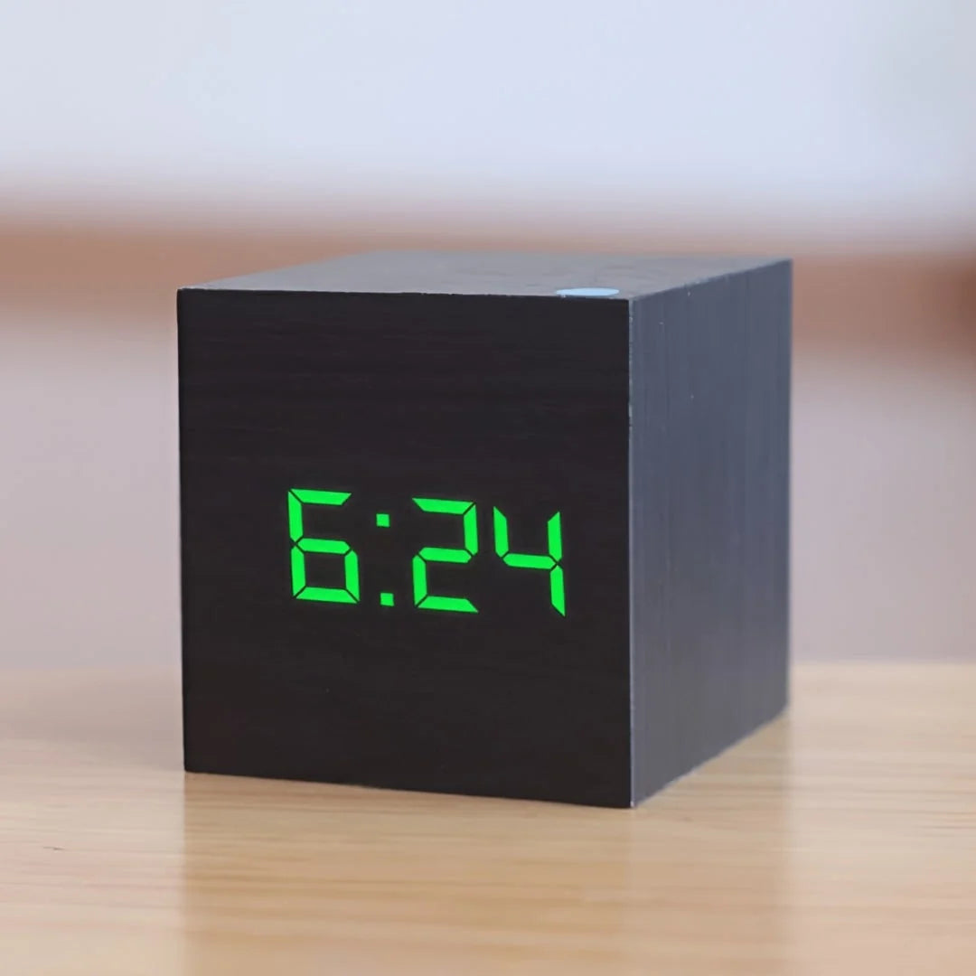 Alarm Clock | Wood Grain LED Time, Date & Temp