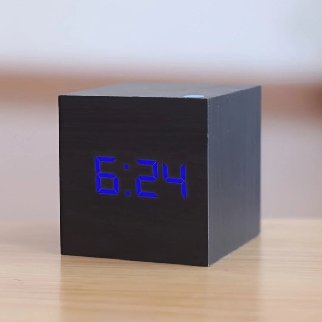 Alarm Clock | Wood Grain LED Time, Date & Temp