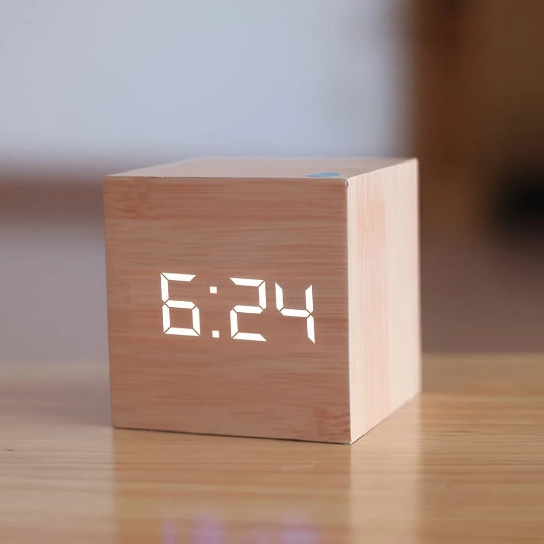 Alarm Clock | Wood Grain LED Time, Date & Temp