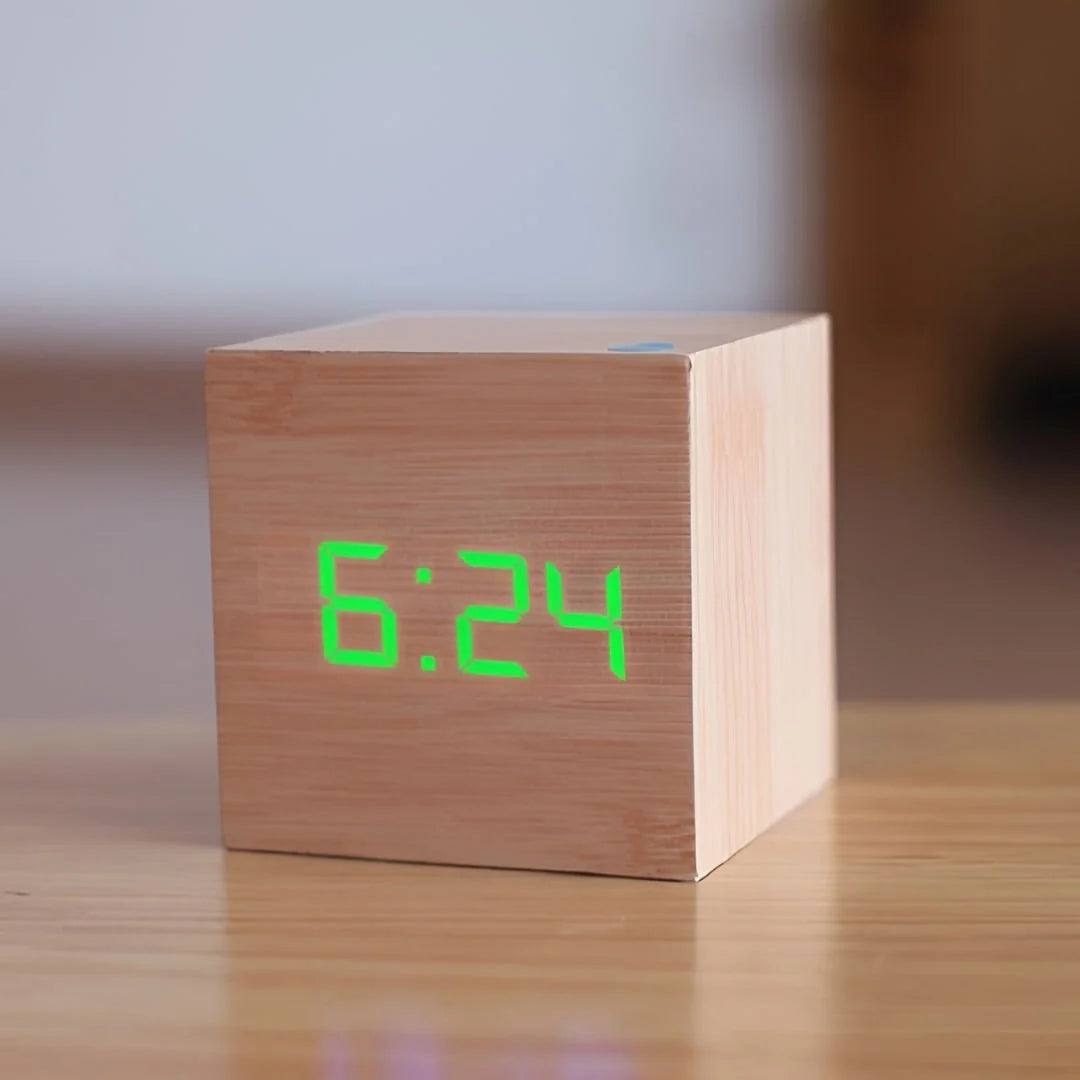 Alarm Clock | Wood Grain LED Time, Date & Temp