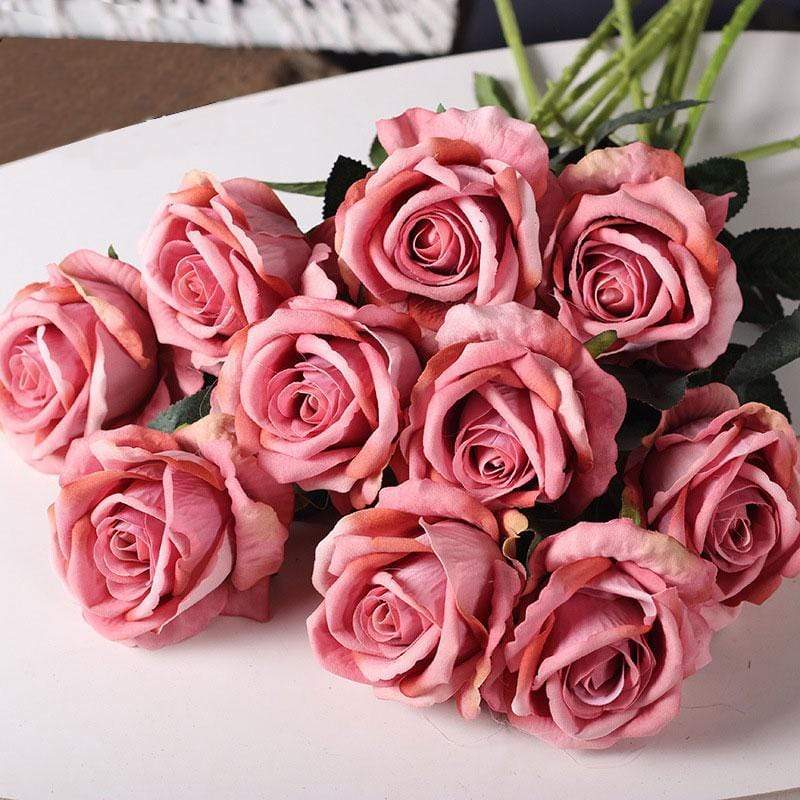 Artificial Rose Stems | Silk-Look Flannel Petals & Flexible Stem | Set of 10