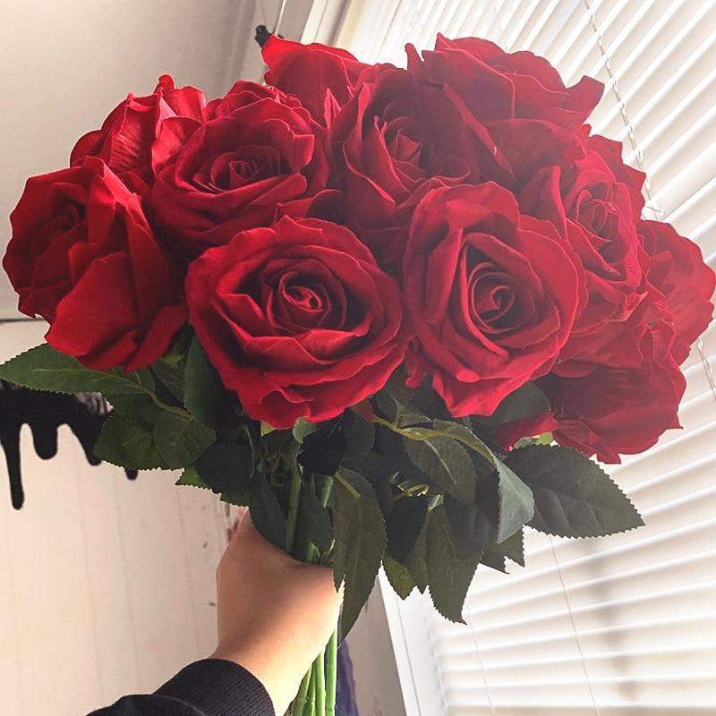 Artificial Rose Stems | Silk-Look Flannel Petals & Flexible Stem | Set of 10