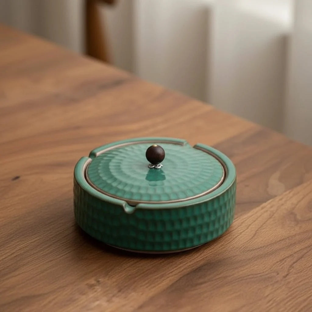 Ashtray | Handcrafted Glazed Ceramic & Natural Wood Lid