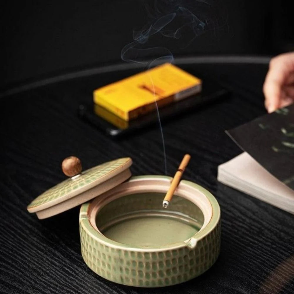 Ashtray | Handcrafted Glazed Ceramic & Natural Wood Lid