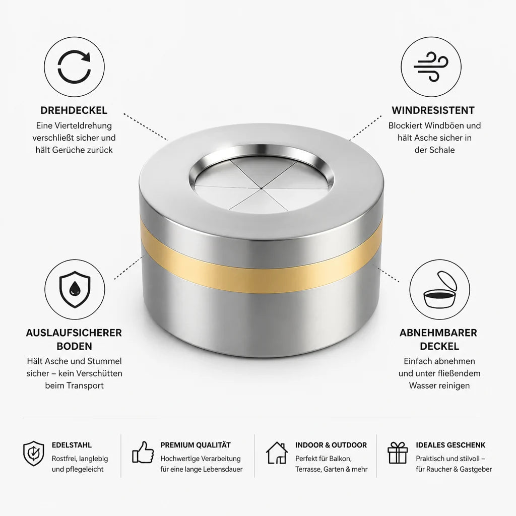 Ashtray | Stainless Steel Swivel Lid & Leak-Proof Base