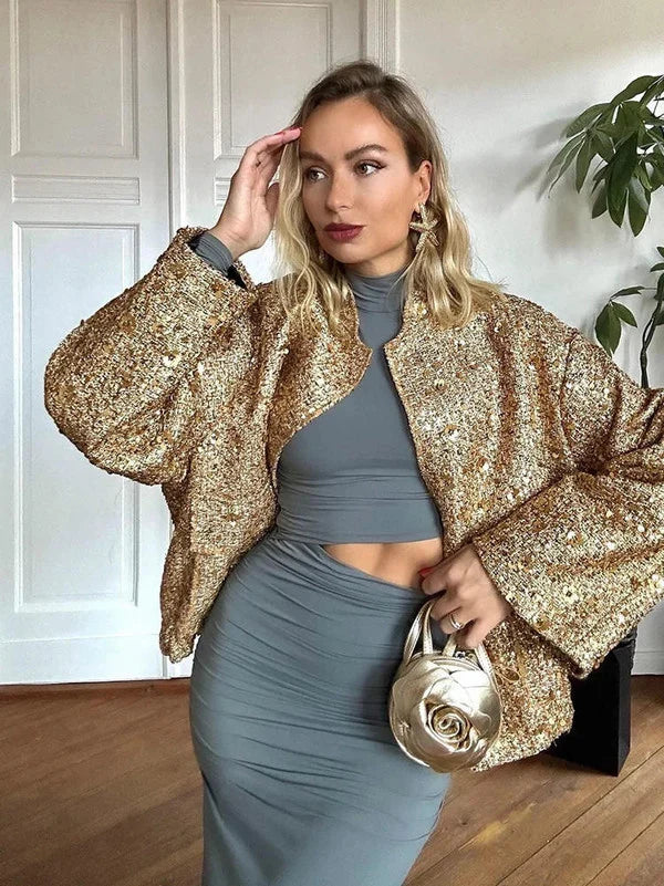 Aviator Jacket | Allover Sequin | Cropped Fit