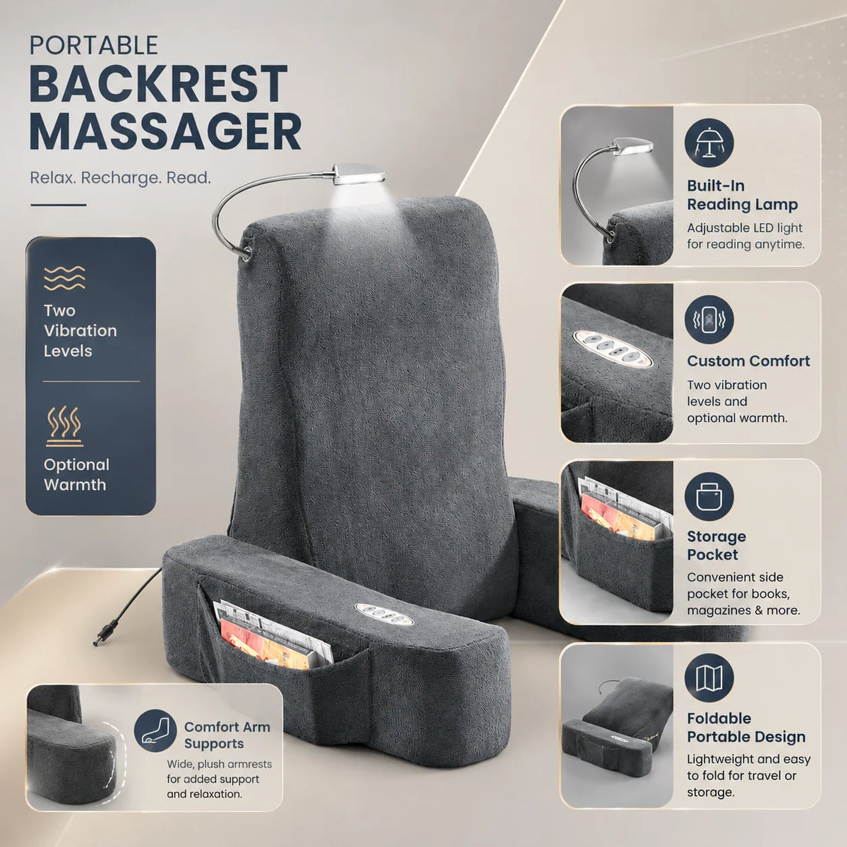 Backrest Massager | Vibrating & Optional Warmth | Foldable With Side Pockets