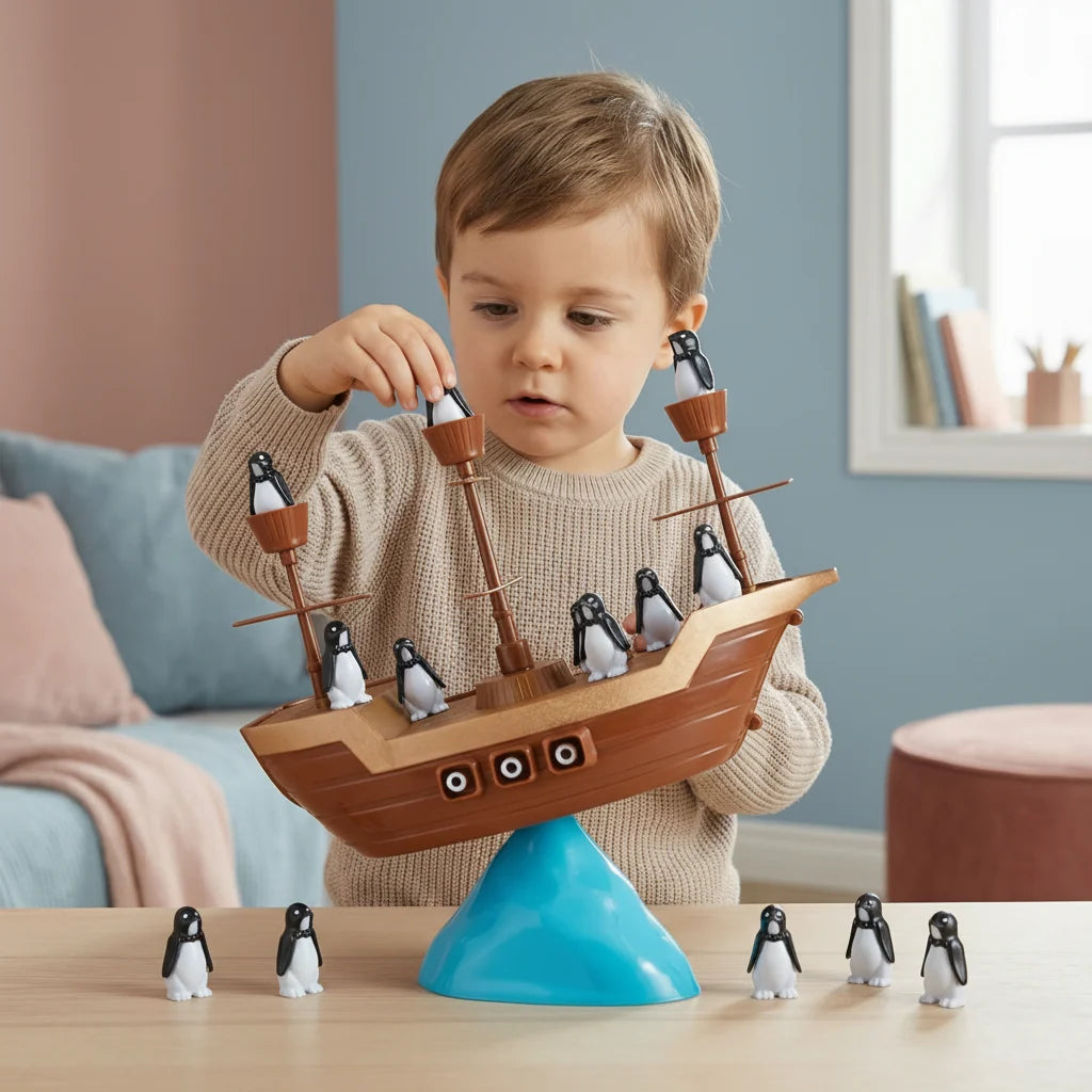 Balancing Game | Wobbly Pirate Ship Base & Wooden Penguins | Ages 3+