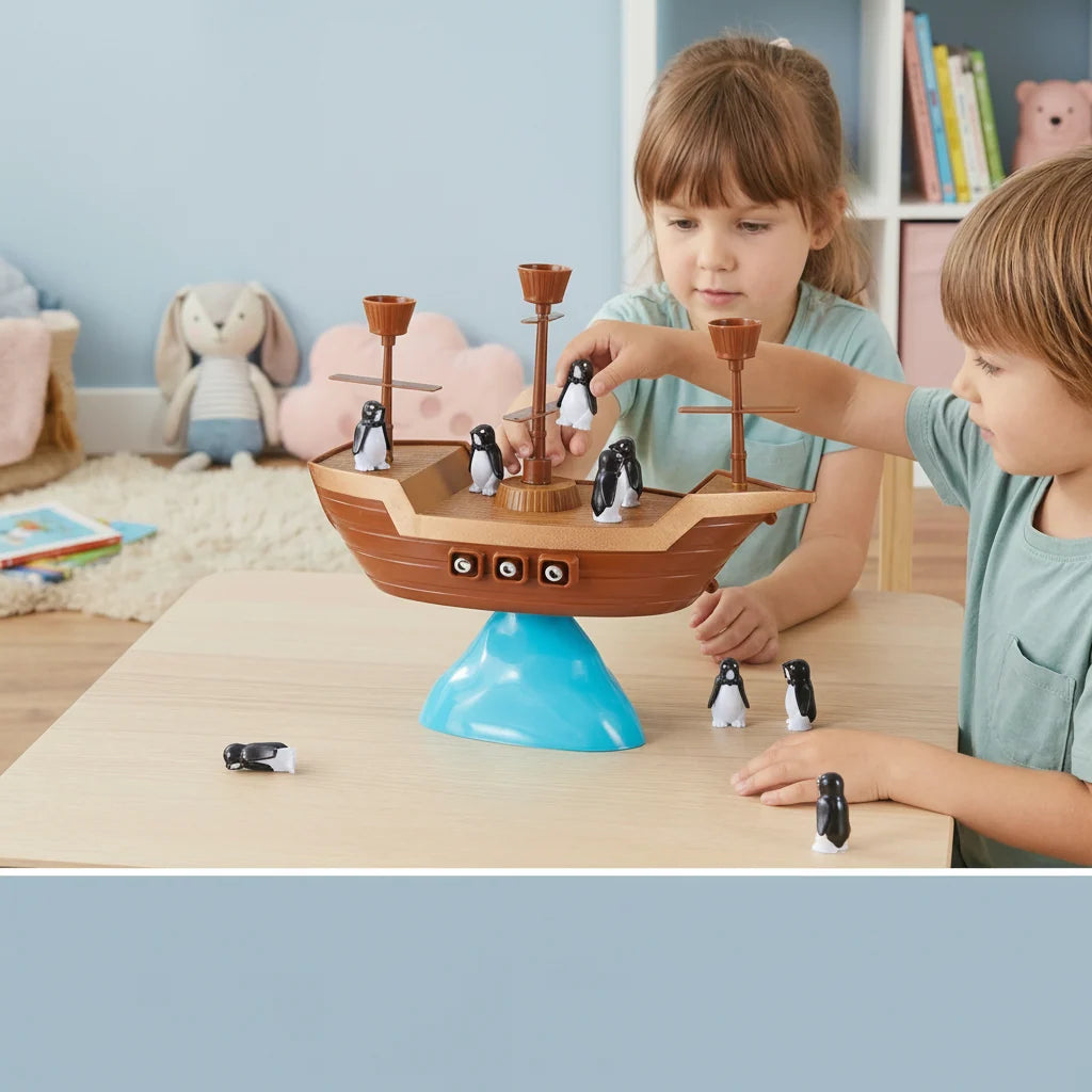 Balancing Game | Wobbly Pirate Ship Base & Wooden Penguins | Ages 3+