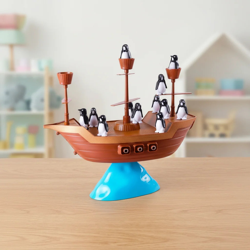 Balancing Game | Wobbly Pirate Ship Base & Wooden Penguins | Ages 3+