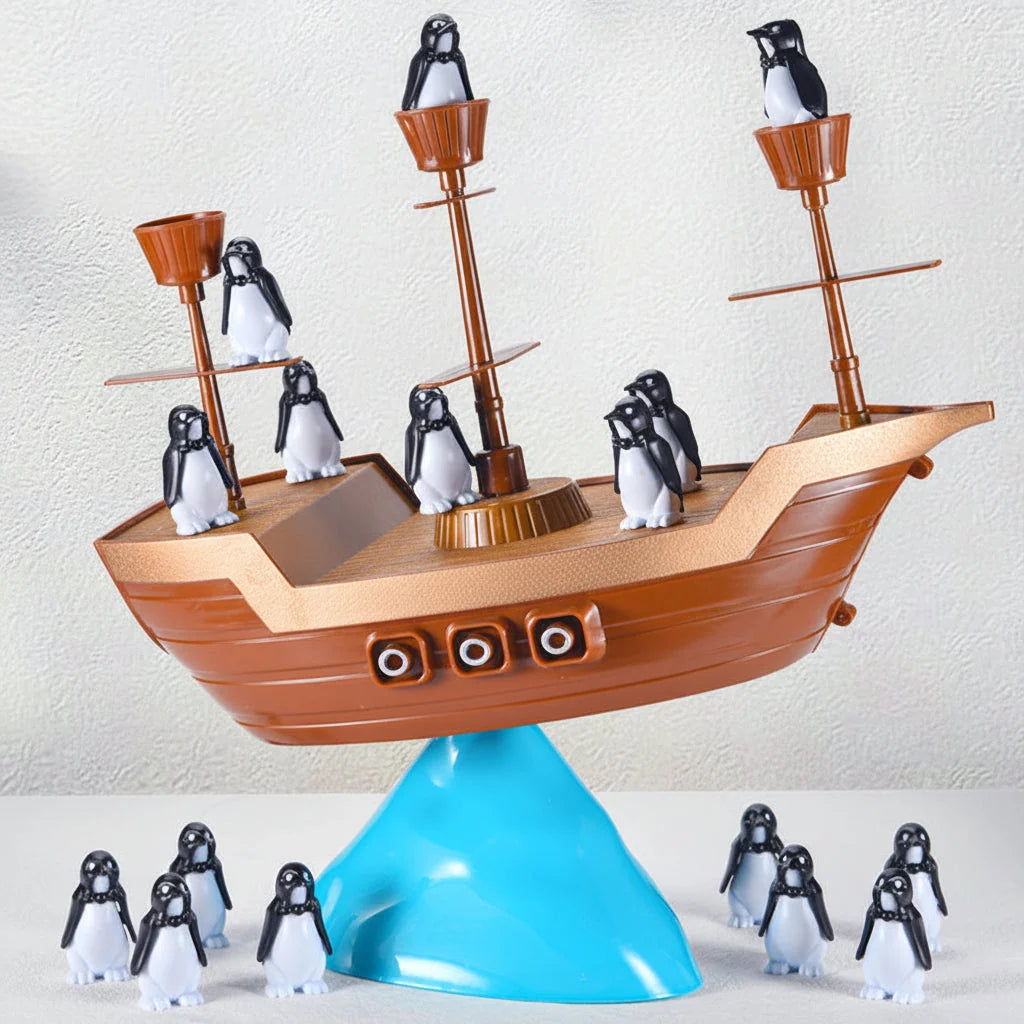 Balancing Game | Wobbly Pirate Ship Base & Wooden Penguins | Ages 3+
