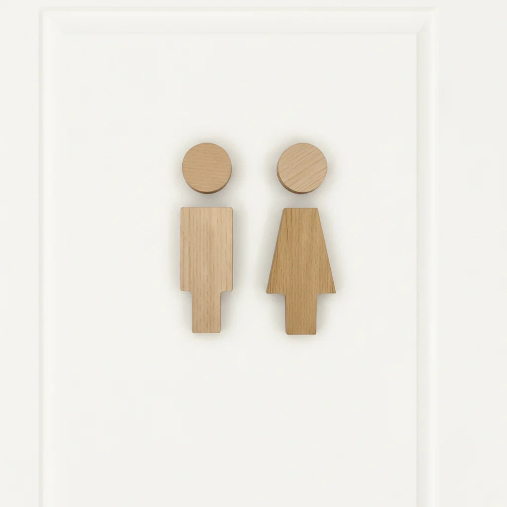 Bathroom Door Sign | Solid Oak & Clear Pictograms | Set of 2