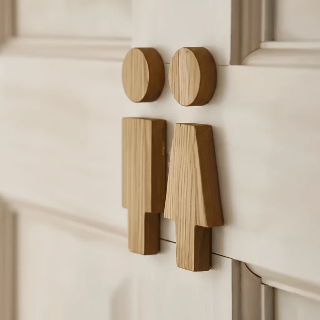 Bathroom Door Sign | Solid Oak & Clear Pictograms | Set of 2