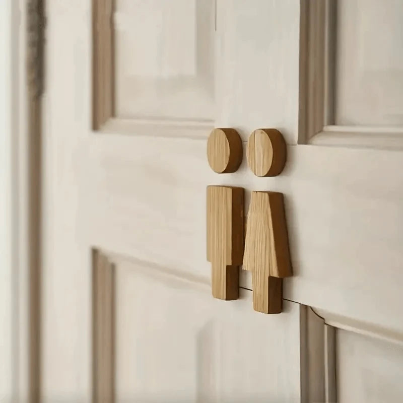 Bathroom Door Sign | Solid Oak & Clear Pictograms | Set of 2