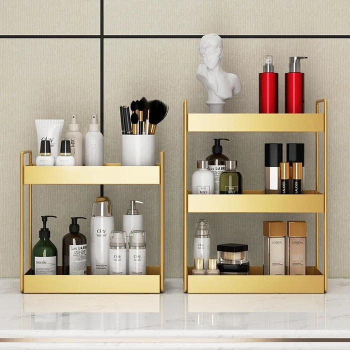 Cosmetic Organizer | Double-Layer Metal Trays | Gold Finish