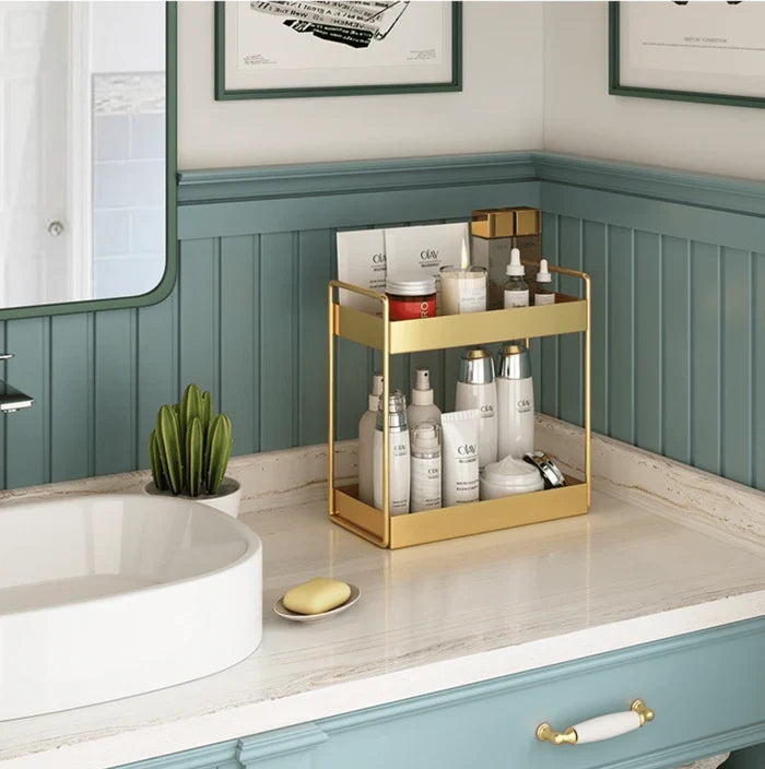 Cosmetic Organizer | Double-Layer Metal Trays | Gold Finish