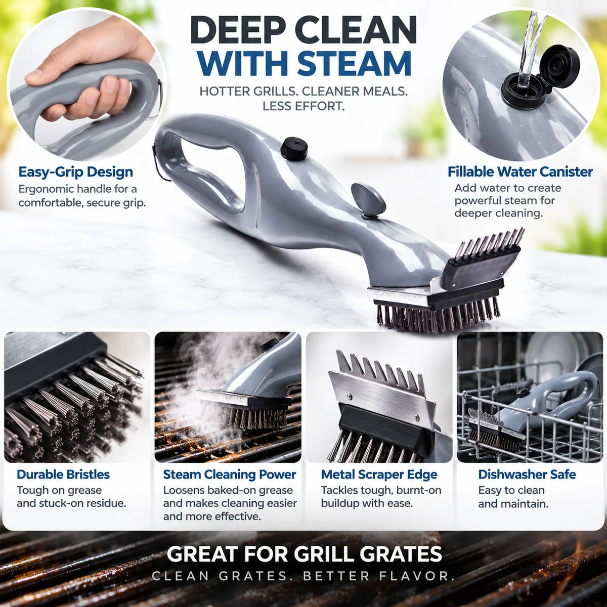 BBQ Steam Cleaning Brush | Steam-Assisted & Easy-Grip | Dishwasher-Safe
