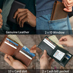 Bifold Wallet | Genuine Leather & RFID Blocking | 13 Card Slots