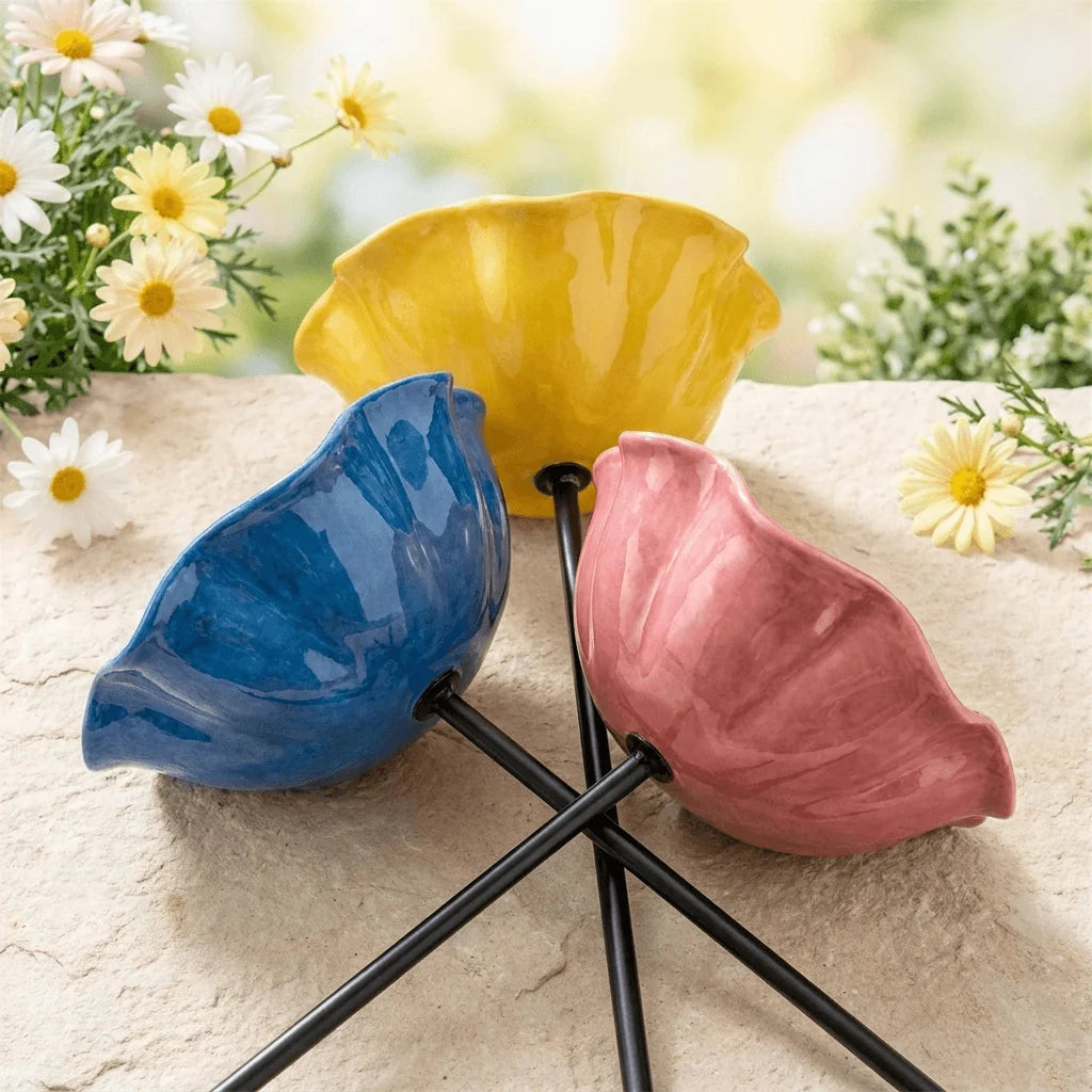 Bird Bath | Flower-Shaped Glazed Ceramic & Metal Stake