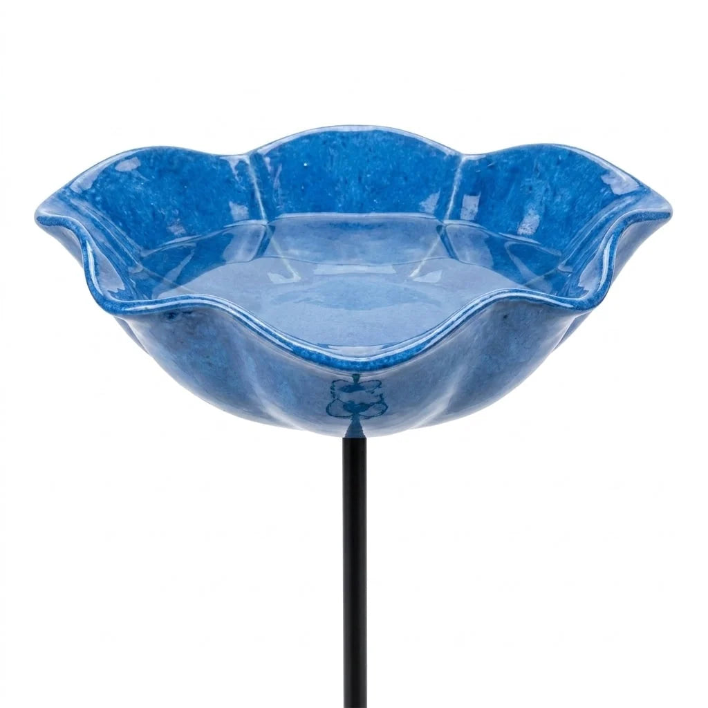 Bird Bath | Flower-Shaped Glazed Ceramic & Metal Stake