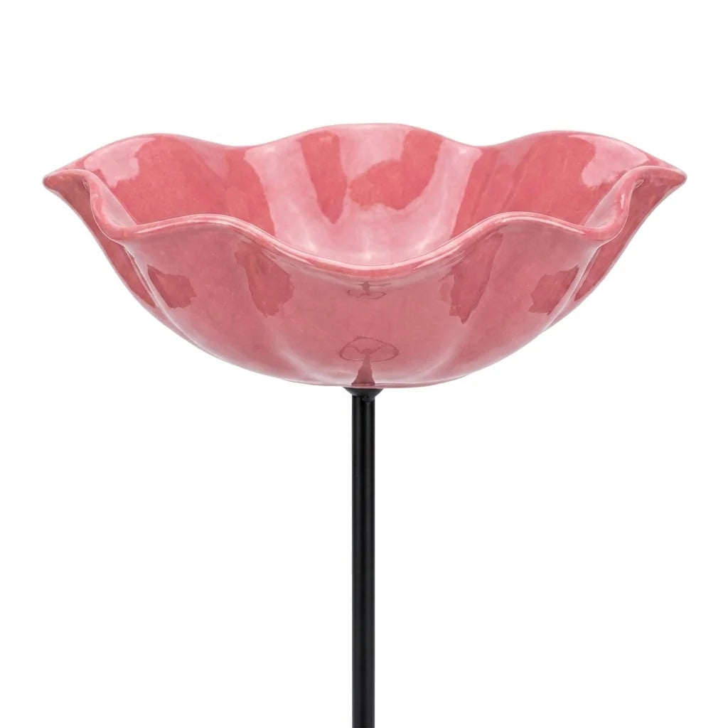 Bird Bath | Flower-Shaped Glazed Ceramic & Metal Stake