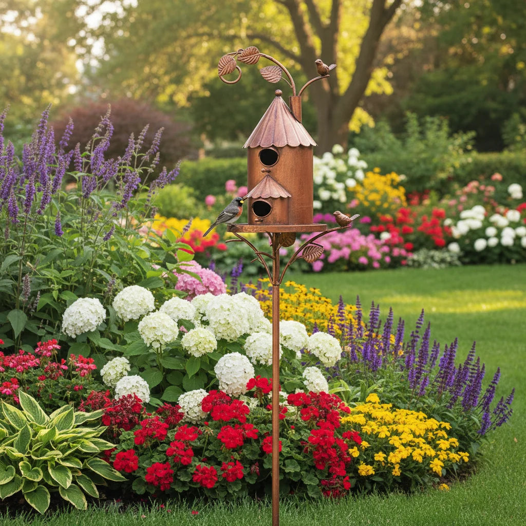 Bird House With Garden Stake | Distressed Cast Iron Weather-Resistant