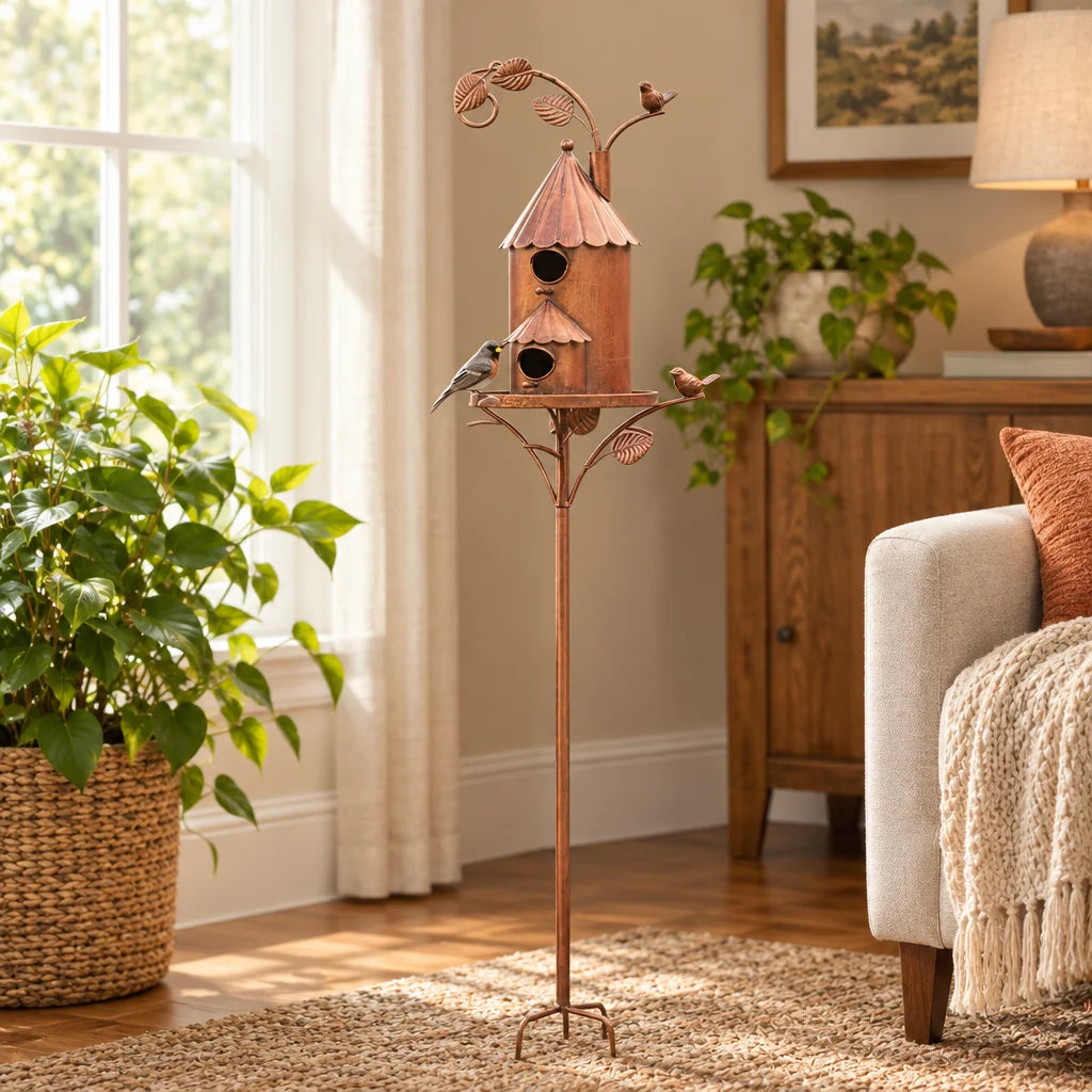 Bird House With Garden Stake | Distressed Cast Iron Weather-Resistant
