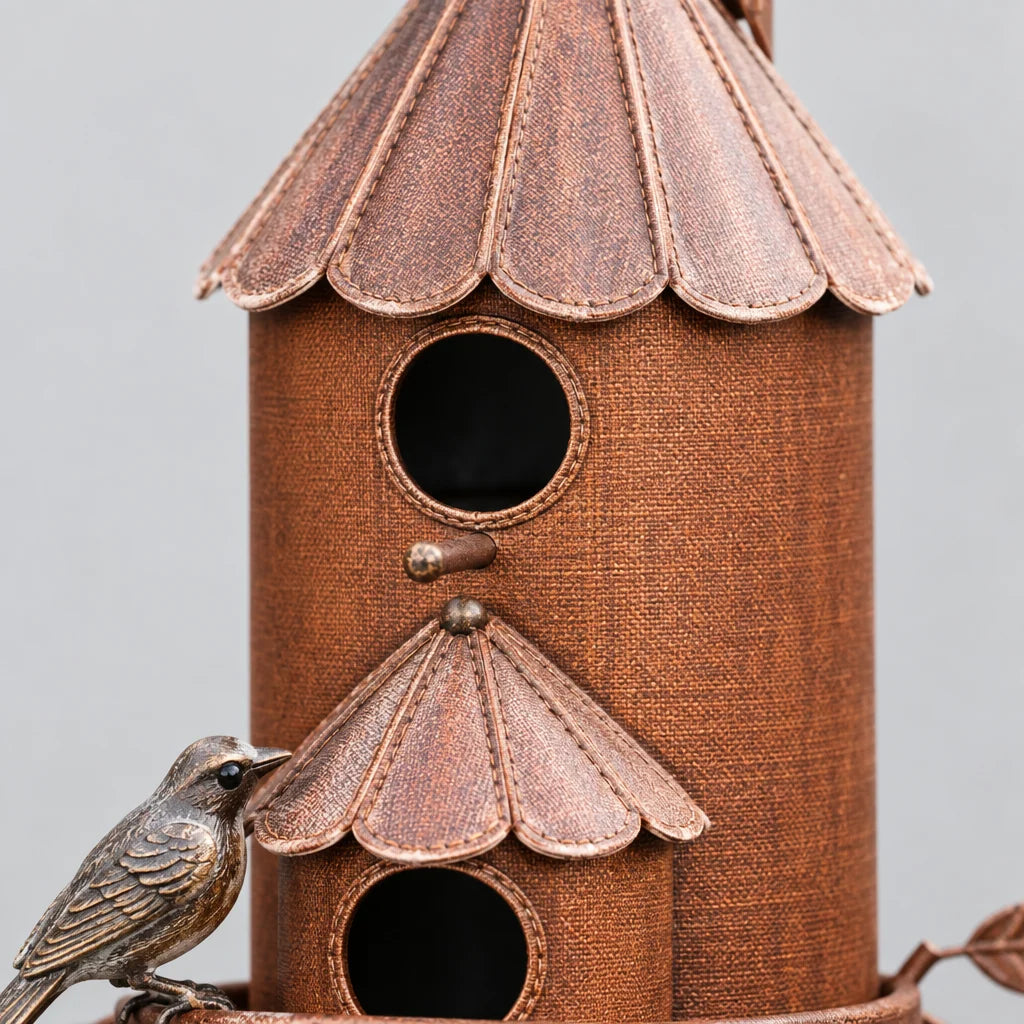 Bird House With Garden Stake | Distressed Cast Iron Weather-Resistant