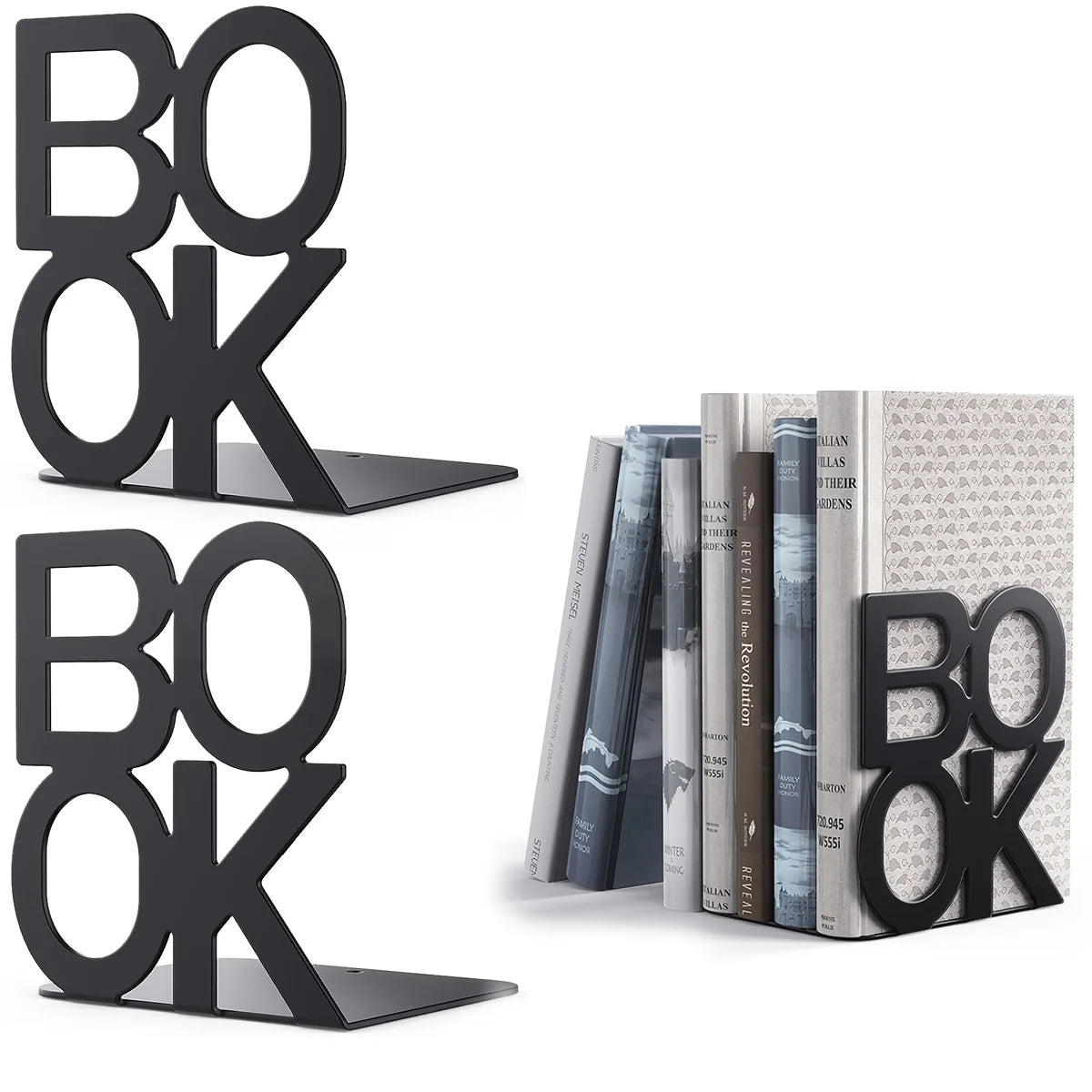 Bookends | Lacquered Iron & L-Shaped 'BOOK' Design | Set of 2