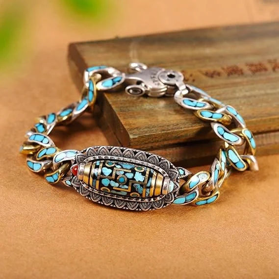 Bracelet | Dzi Bead & Natural Turquoise Engraved Mantra