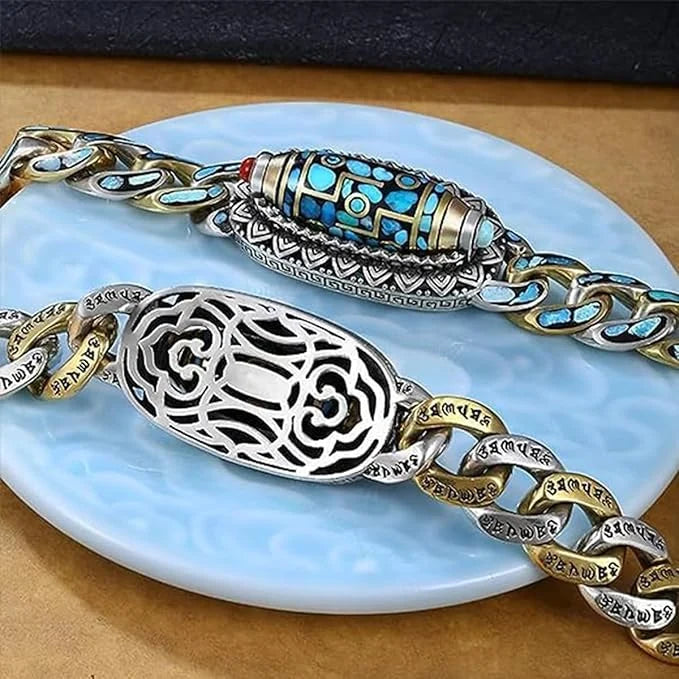 Bracelet | Dzi Bead & Natural Turquoise Engraved Mantra