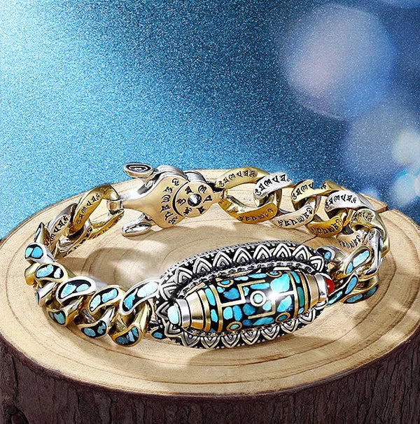Bracelet | Dzi Bead & Natural Turquoise Engraved Mantra
